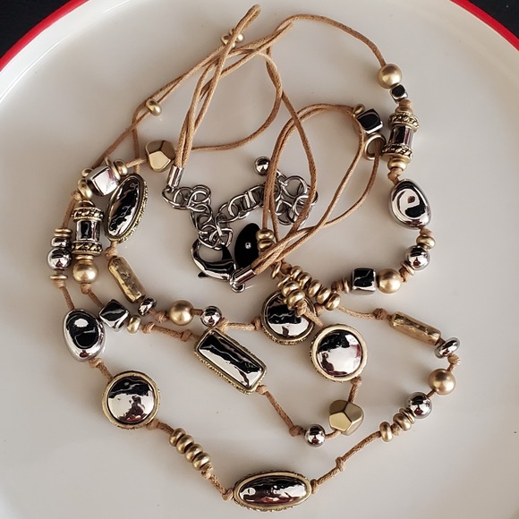 Chico's Three Strand Silver Tone Hammered Beads with Gold Accents on Tan Cord - Picture 9 of 10